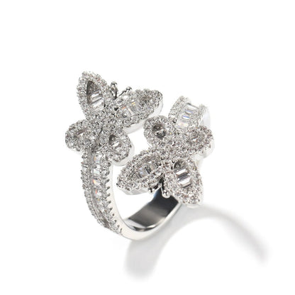 Shelltier Adjustable Silver BAGUETTE BUTTERFLY RING